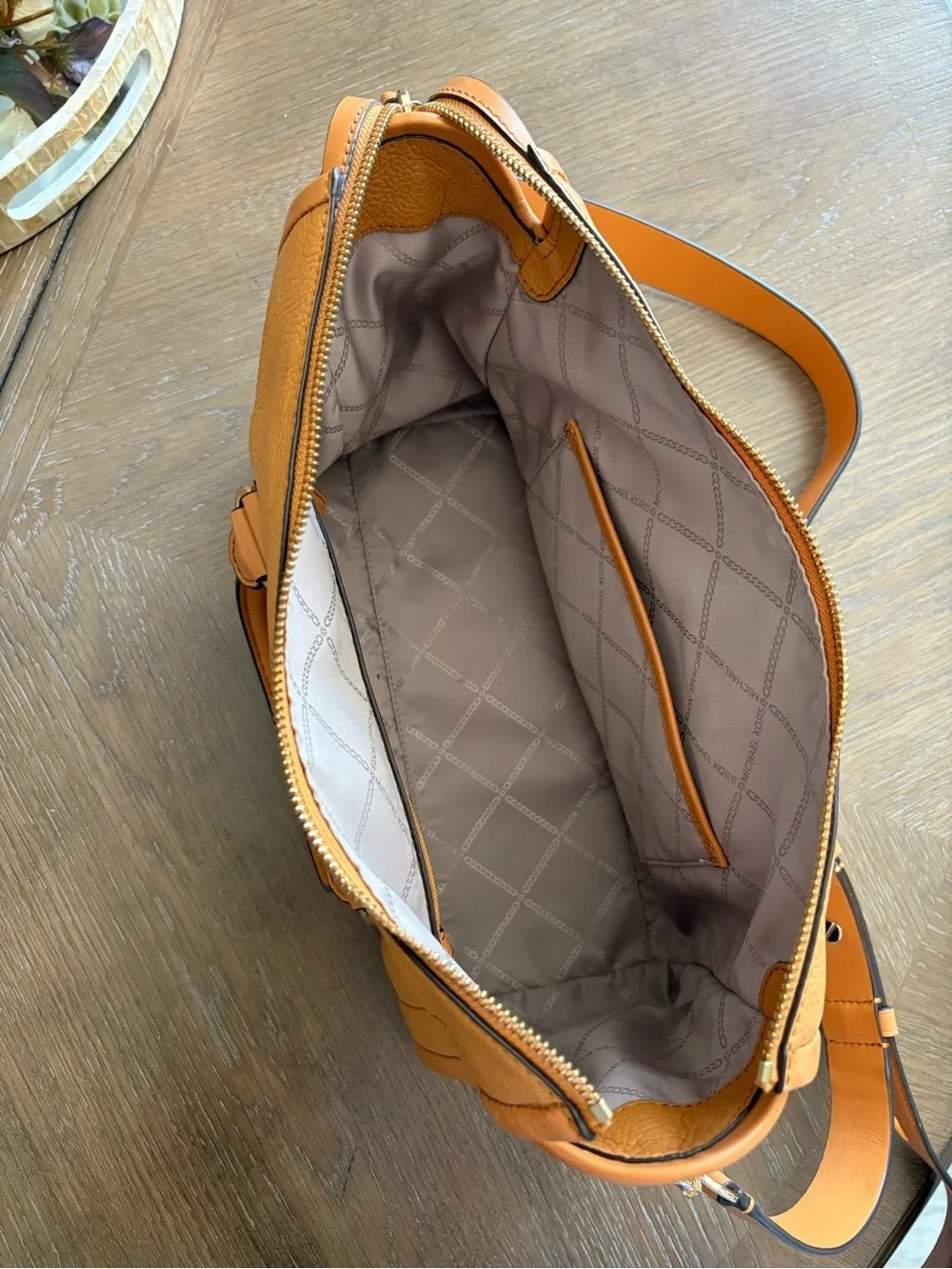 Michael Kors Carine Pebbled Leather Satchel in Tan Brown